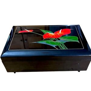 Music Jewelry Box Made in Japan Black Lacquerware Glass mirror, Red Velvet Lined